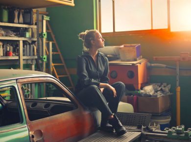 an woman in a garage